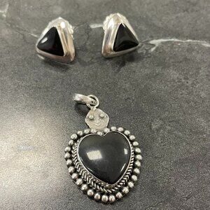 Sterling Silver and Onyx Pendant and Earring Set